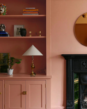 Built in terracotta shaker living room unit with aged brass mushroom knob and aged brass cabinet turn latch on the doors